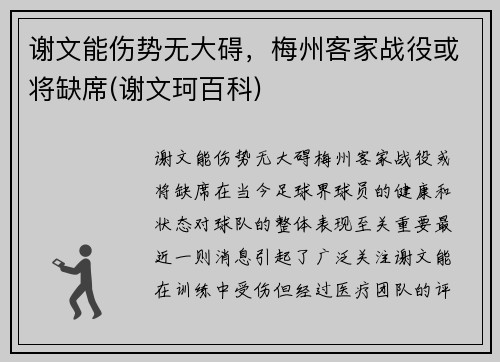 谢文能伤势无大碍，梅州客家战役或将缺席(谢文珂百科)