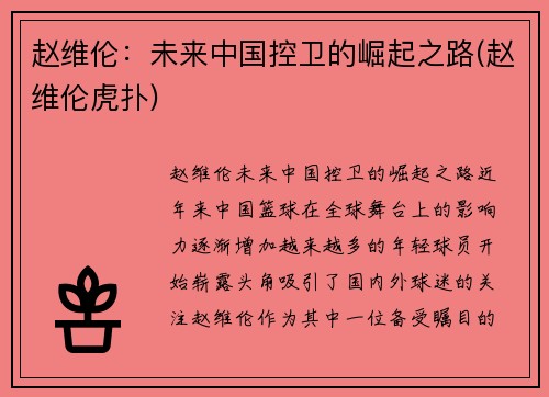 赵维伦：未来中国控卫的崛起之路(赵维伦虎扑)
