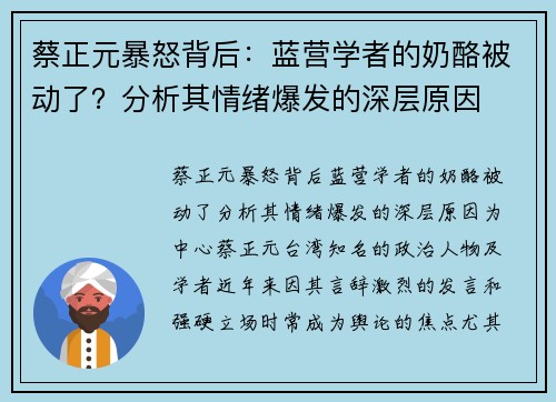 蔡正元暴怒背后：蓝营学者的奶酪被动了？分析其情绪爆发的深层原因