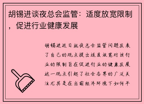 胡锡进谈夜总会监管：适度放宽限制，促进行业健康发展