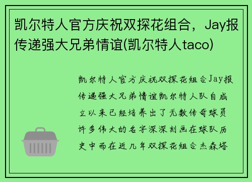 凯尔特人官方庆祝双探花组合，Jay报传递强大兄弟情谊(凯尔特人taco)