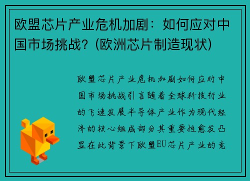 欧盟芯片产业危机加剧：如何应对中国市场挑战？(欧洲芯片制造现状)