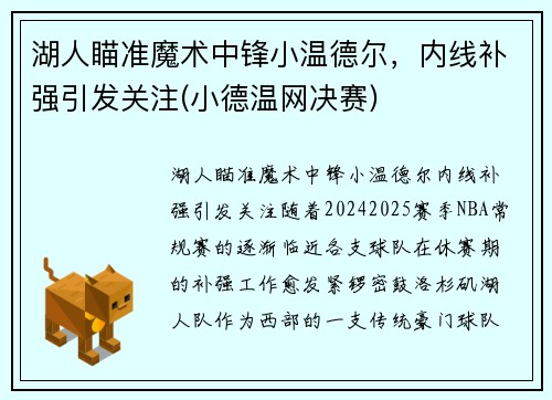 湖人瞄准魔术中锋小温德尔，内线补强引发关注(小德温网决赛)