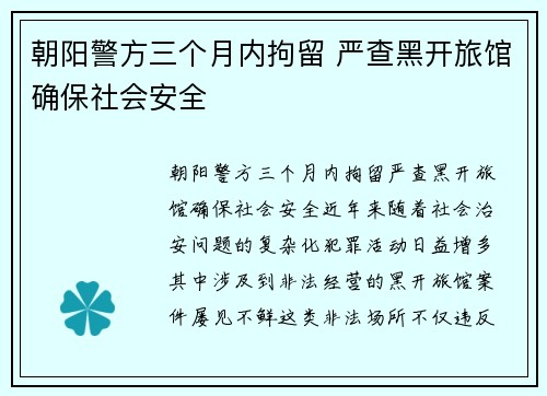 朝阳警方三个月内拘留 严查黑开旅馆确保社会安全